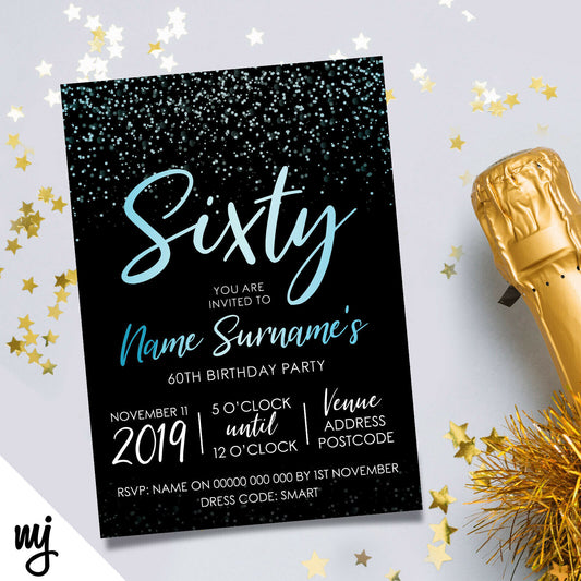 Personalised 60th Birthday Party Invitations | Black Blue Glitter Style