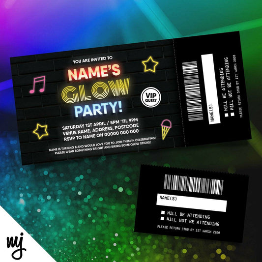 Personalised Glow Neon Party Ticket Style Invitations | Perforated Stub!