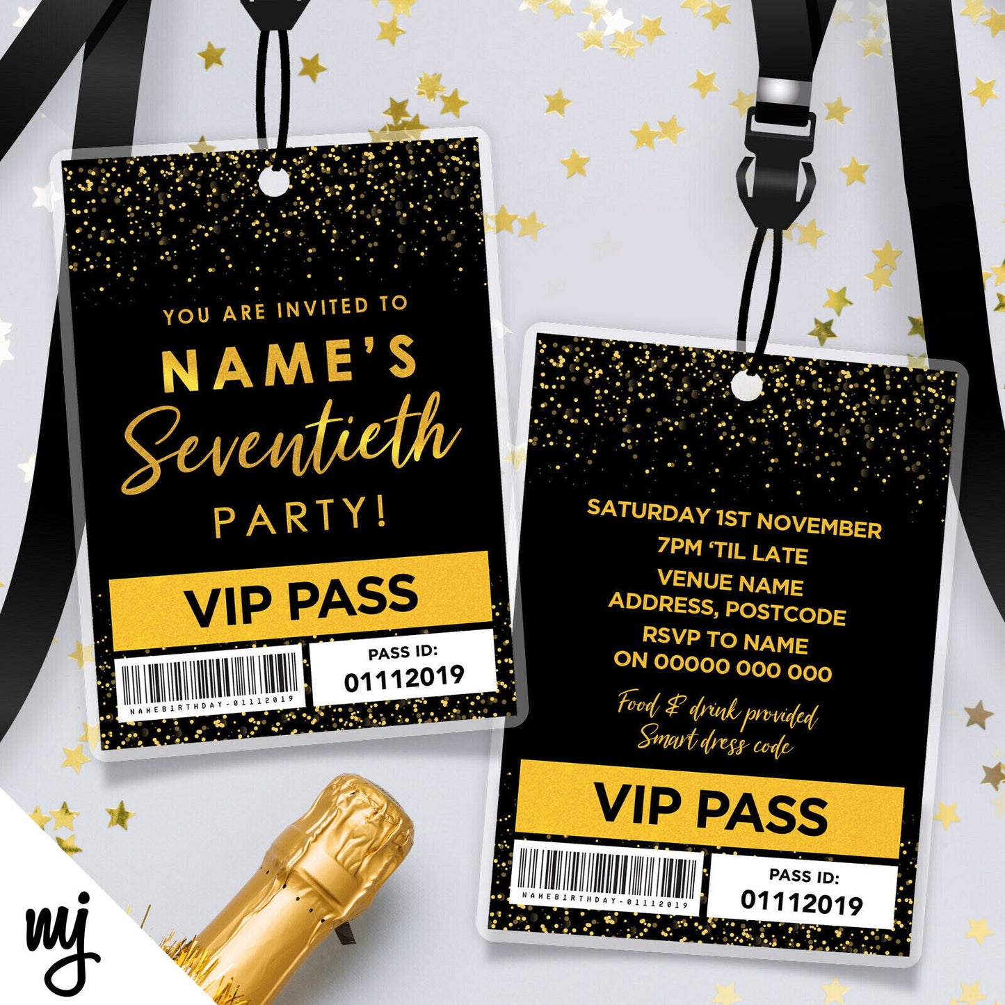 70th Birthday Vip Passes & Lanyards | Black Gold Glitter