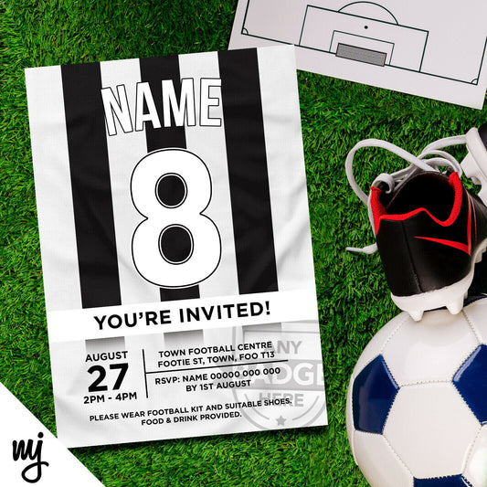Personalised Black & White Striped Football Shirt Style Invitations | Any Colour