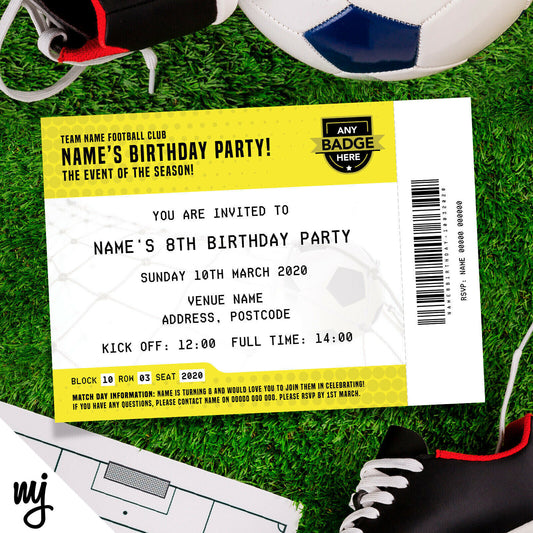 Personalised Yellow Football Ticket Style Invitations | Kids/adults