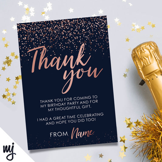 Personalised Party Thank You Cards | Navy Rose Gold Glitter | Any Message!