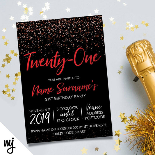 Personalised 21st Birthday Party Invitations | Black Dark Red Glitter Style