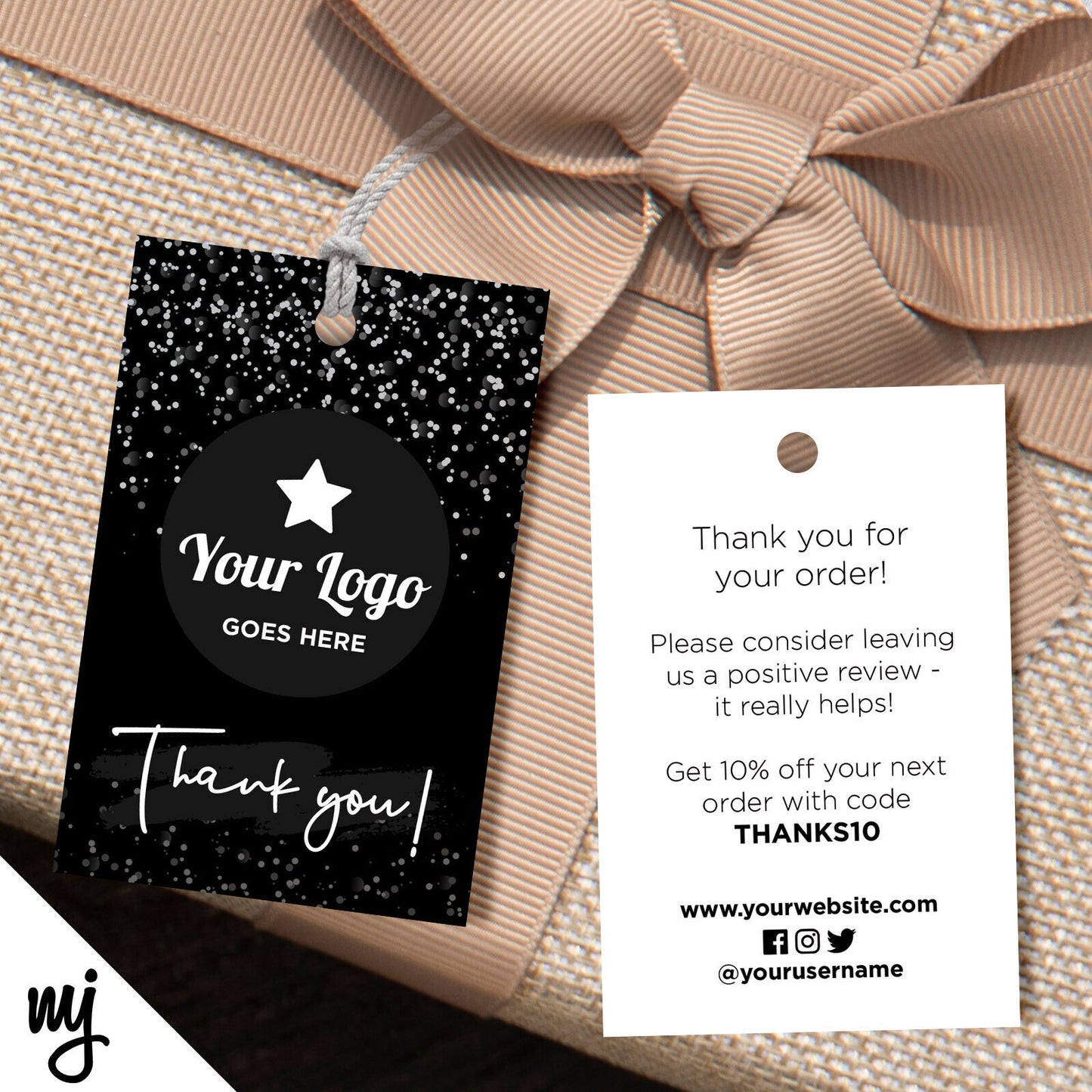 Custom Thank You Tags Cards Printing | Black White Glitter Style Design