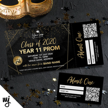 Custom Prom Party Ticket Printing | Perforated Stubs | Black Marble Gold Style