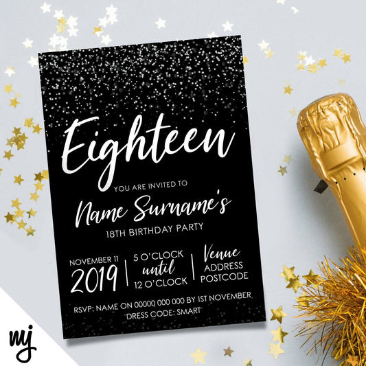 Personalised 18th Birthday Party Invitations | Black & White Glitter Style
