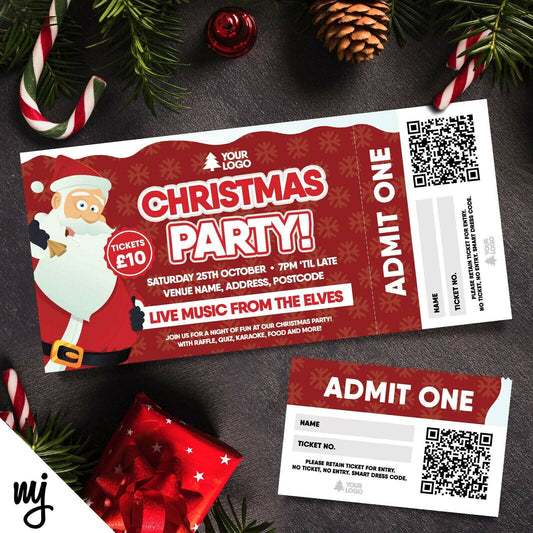 Custom Christmas Party Ticket Printing | Perforated Stubs | Any Event! Red Santa