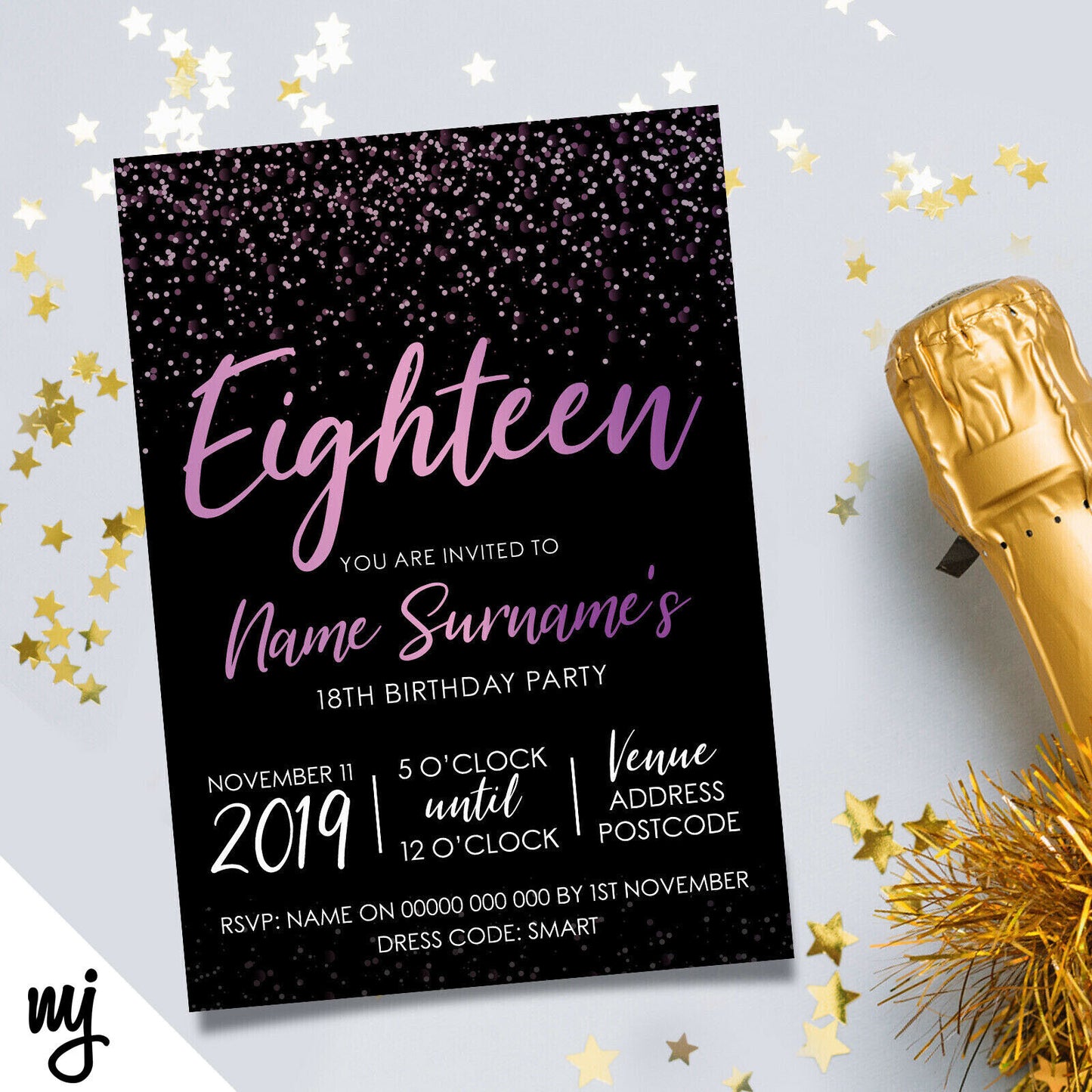 Personalised 18th Birthday Party Invitations | Black Purple Pink Glitter Style