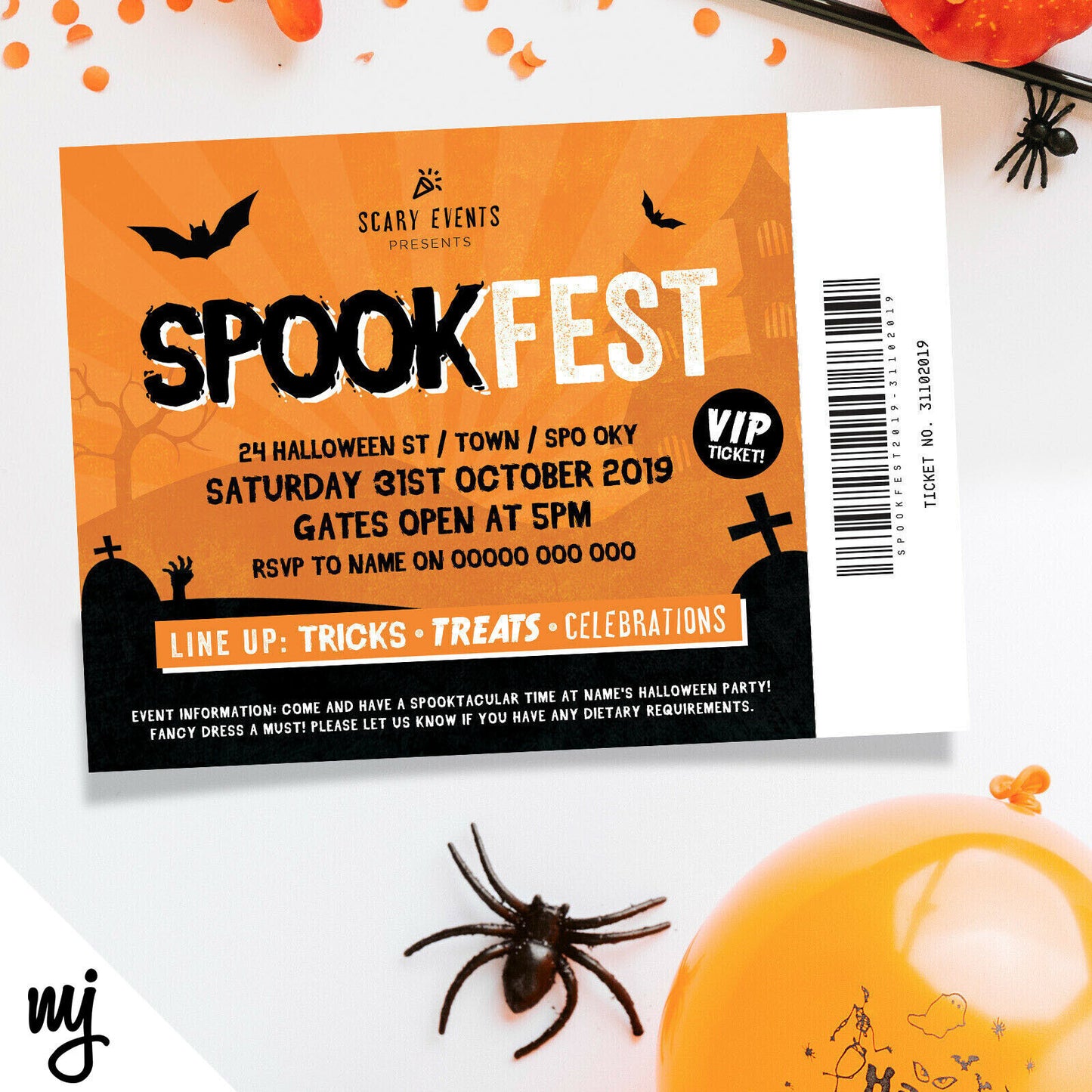 Personalised 'spookfest' Halloween Festival Ticket Style Party Invitations