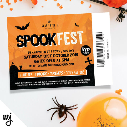 Personalised 'spookfest' Halloween Festival Ticket Style Party Invitations