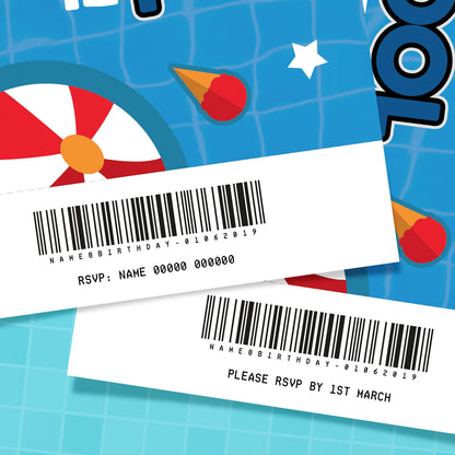 Personalised Pool Party Ticket Style Invitations For Boys/girls | Any Info!