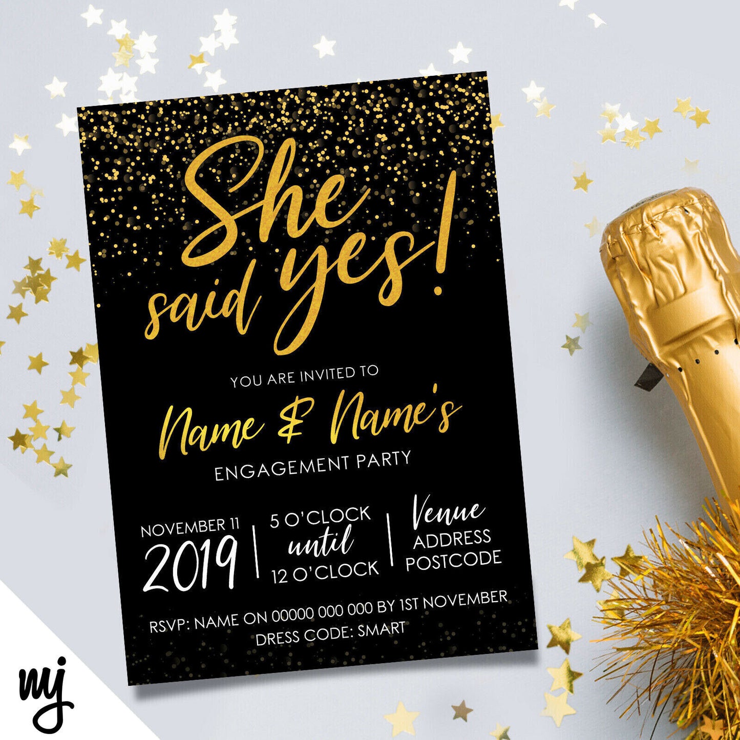 Personalised 'she Said Yes' Engagement Party Invitations | Black & Gold