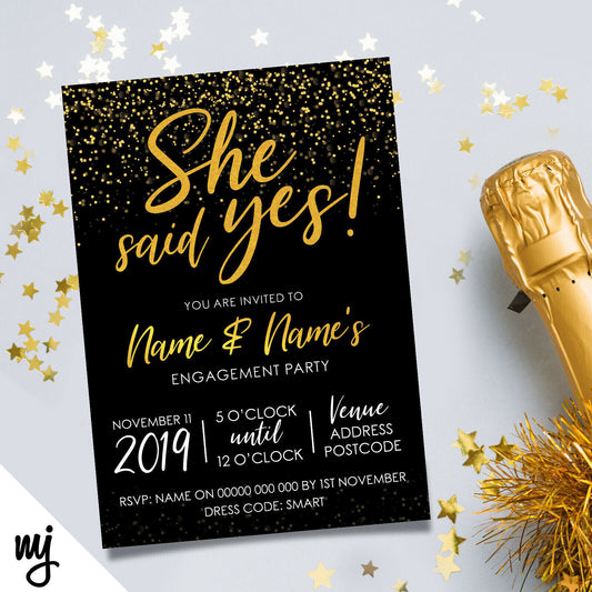 Personalised 'she Said Yes' Engagement Party Invitations | Black & Gold