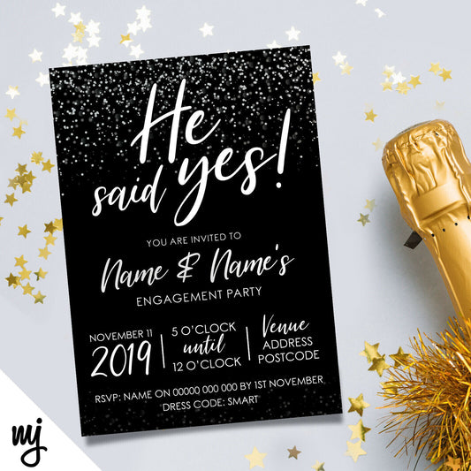 Personalised 'he Said Yes' Engagement Party Invitations | Black & White