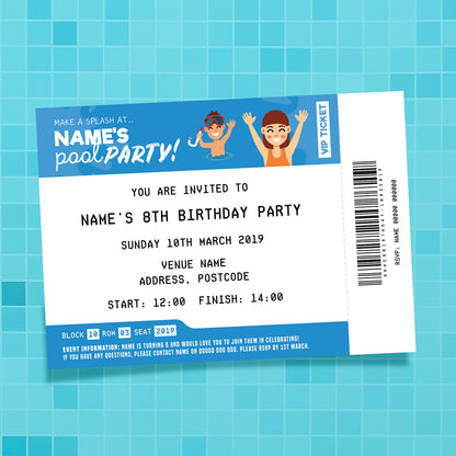 Personalised Pool Swimming Party Ticket Style Invitations | Girls/boys