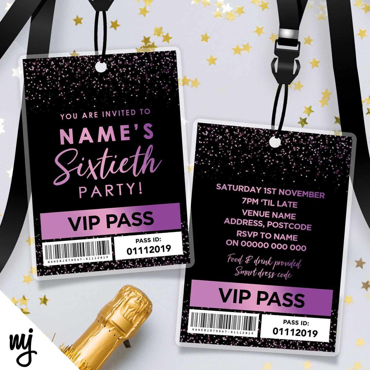 Personalised 60th Birthday Vip Passes Lanyards | Black Purple Pink Glitter