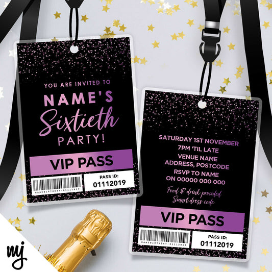 Personalised 60th Birthday Vip Passes Lanyards | Black Purple Pink Glitter