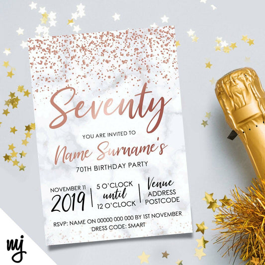 Personalised 70th Birthday Party Invitations | Marble Rose Gold Glitter Style