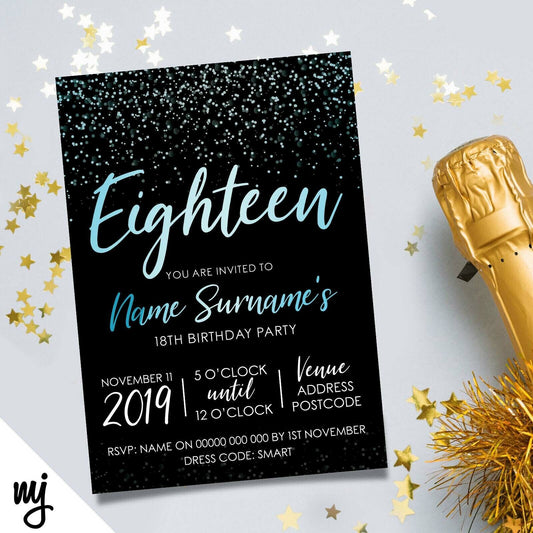 Personalised 18th Birthday Party Invitations | Black Blue Glitter Style