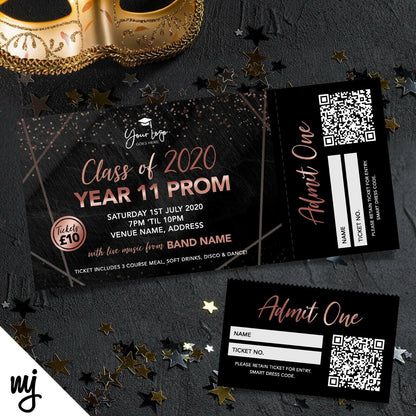 Custom Prom Party Ticket Printing | Perforated Stubs | Black Marble Rose Gold