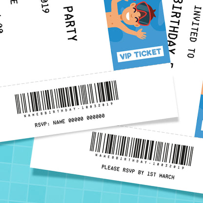 Personalised Pool Swimming Party Ticket Style Invitations | Girls/boys