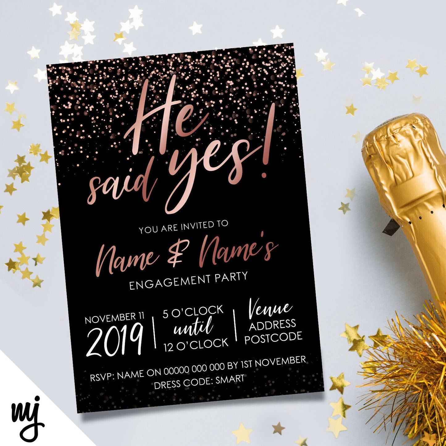 Personalised 'he Said Yes' Engagement Party Invitations | Black Rose Gold