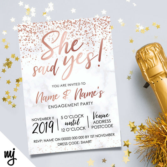 Personalised 'she Said Yes' Engagement Party Invitations | Rose Gold Marble