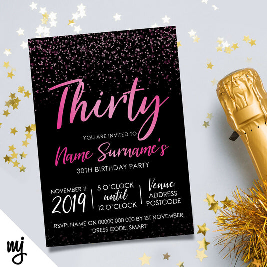 Personalised 30th Birthday Party Invitations | Black Hot Pink Glitter Style