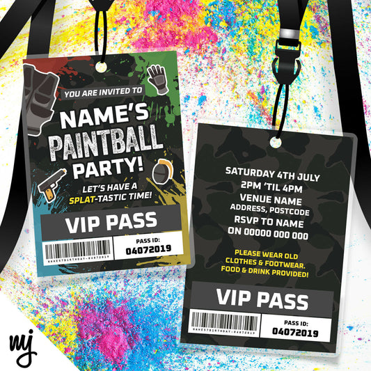 Personalised Paintball Party Style Vip Passes Lanyards Invitations Paintballing