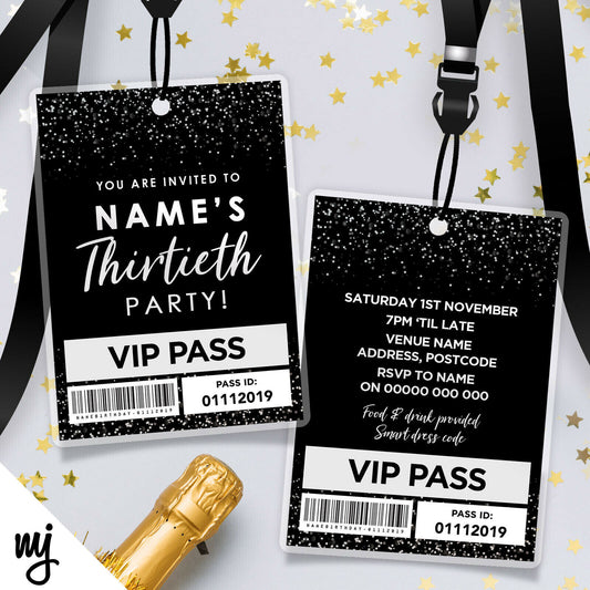 30th Birthday Vip Passes & Lanyards | Black White Glitter