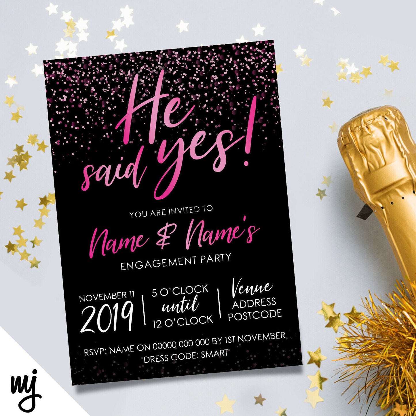 Personalised 'he Said Yes' Engagement Party Invitations | Black & Hot Pink
