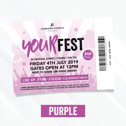 Personalised Festival Vip Ticket Style Birthday Party Invitations | Kids/adults!