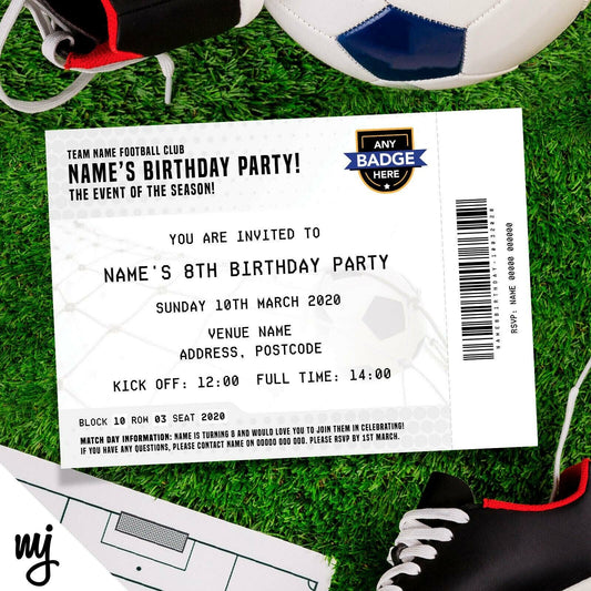 Personalised White Football Ticket Style Invitations | Kids/adults