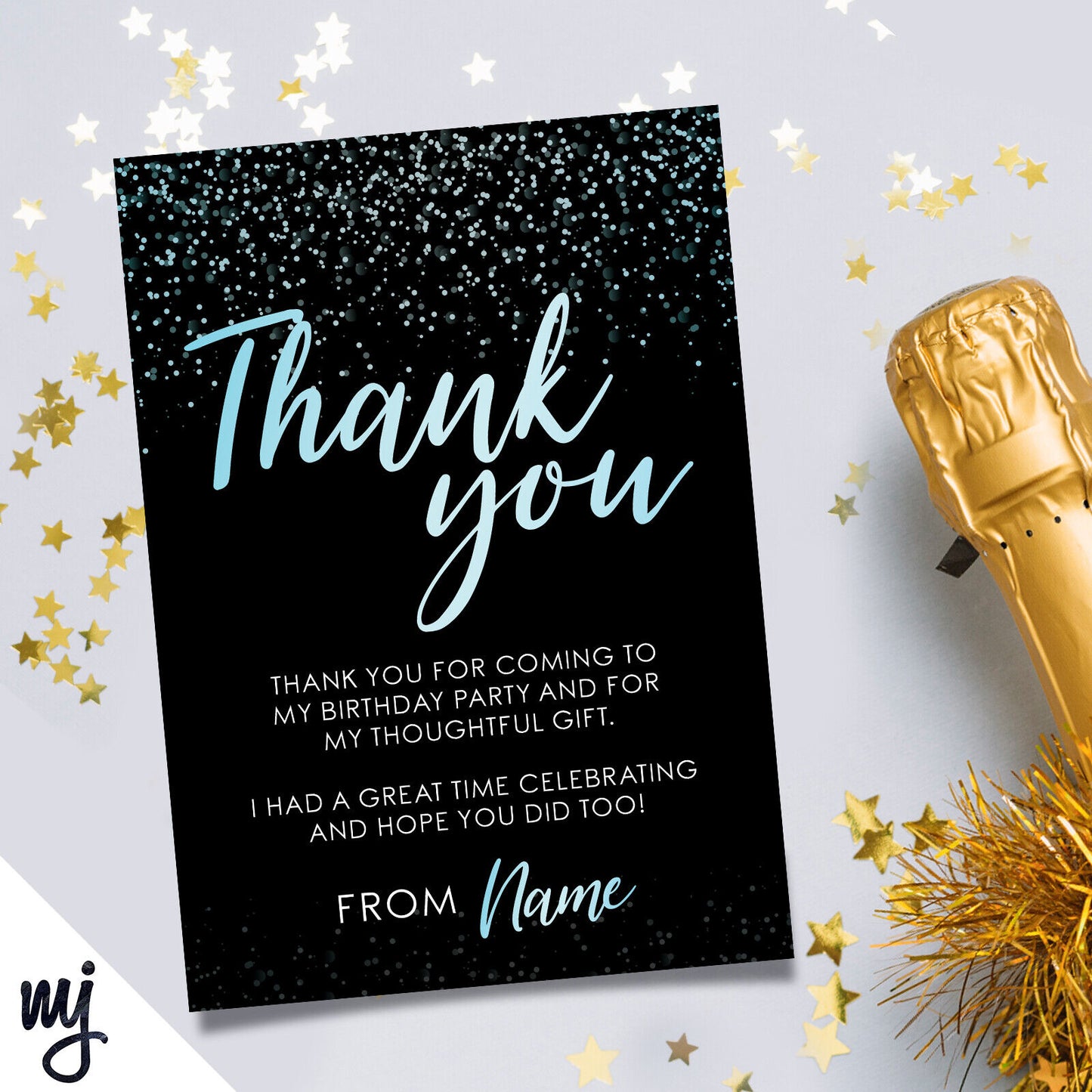 Personalised Party Thank You Cards | Black Blue Glitter | Any Message!