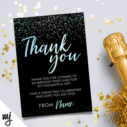 Personalised Party Thank You Cards | Black Blue Glitter | Any Message!