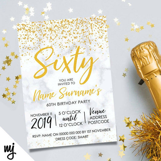 Personalised 60th Birthday Party Invitations | Marble Gold Glitter Style