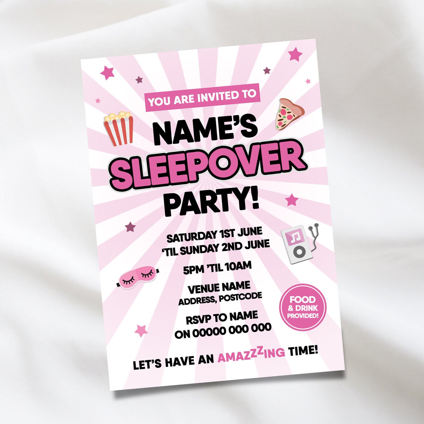Personalised Sleepover Slumber Party Invitations For Boys/girls | Any Info!