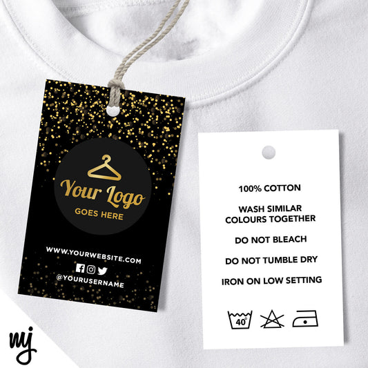 Custom Clothing Swing Tags Cards Printing | Black Gold Glitter Style Design