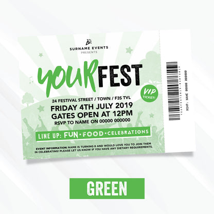 Personalised Festival Vip Ticket Style Birthday Party Invitations | Kids/adults!