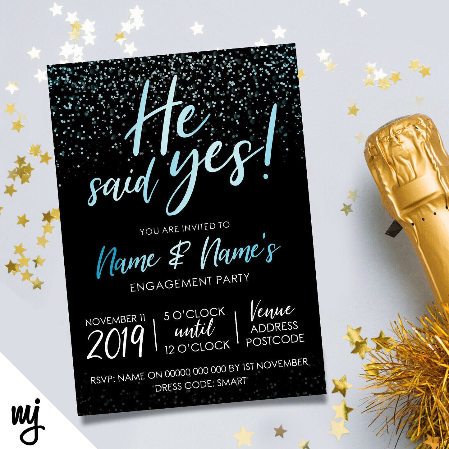 Personalised 'he Said Yes' Engagement Party Invitations | Black & Blue