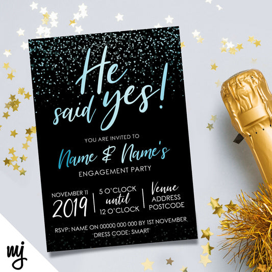 Personalised 'he Said Yes' Engagement Party Invitations | Black & Blue