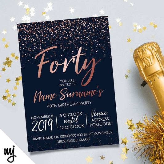Personalised 40th Birthday Party Invitations | Navy Rose Gold Glitter