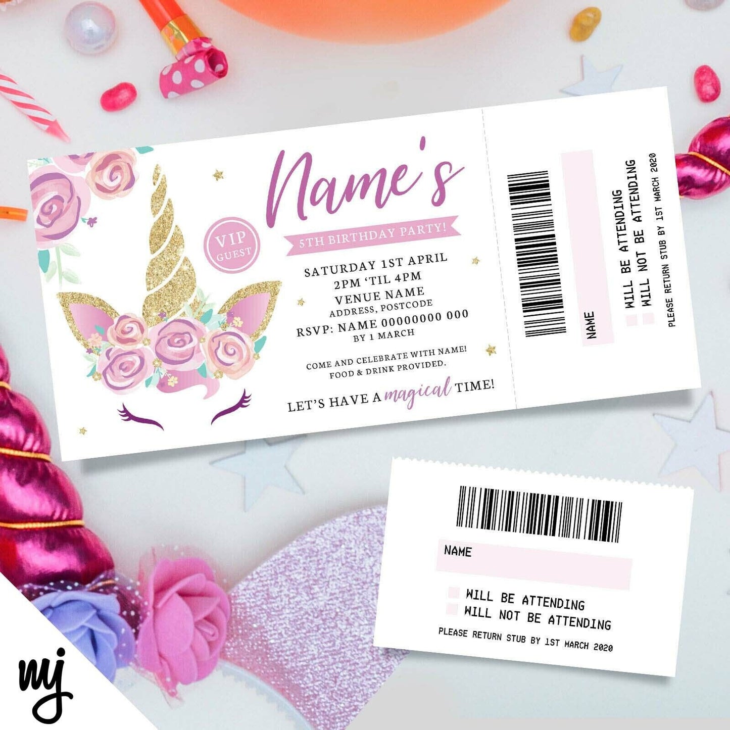 Personalised Unicorn Flowers Ticket Style Birthday Invitations | Perforated Stub