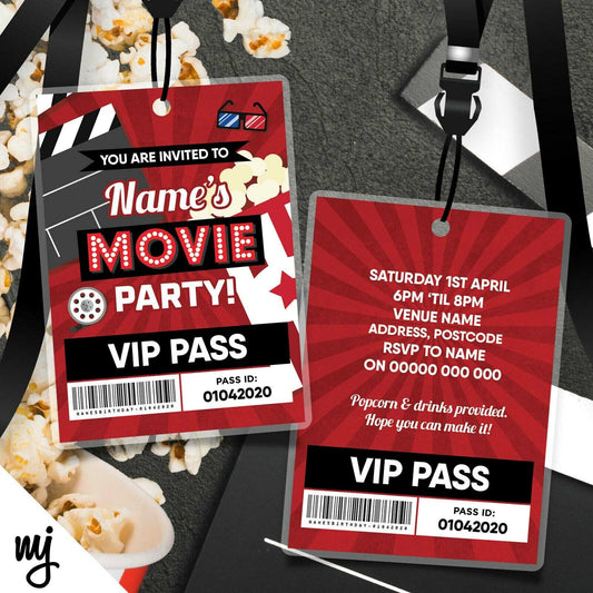 Personalised Movie Night Cinema Film Party Vip Passes Lanyards / Invitations