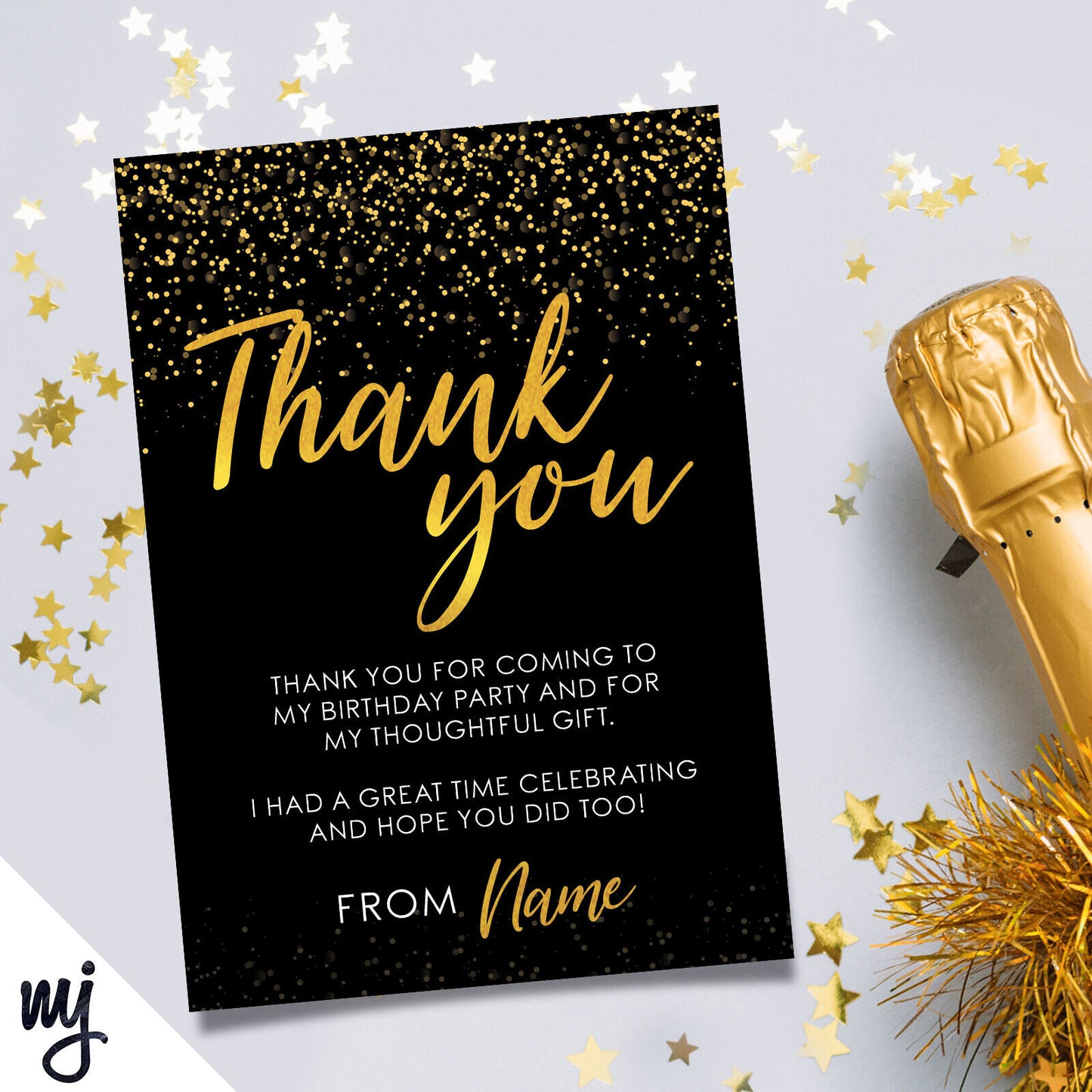 Personalised Party Thank You Cards | Black Gold Glitter | Any Message!