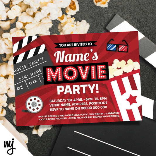 Personalised Movie Night Film Cinema Birthday Party Invitations | Boys/girls