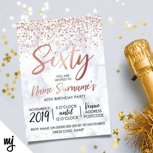 Personalised 60th Birthday Party Invitations | Marble Rose Gold Glitter Style
