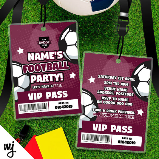 Personalised Maroon Football Party Vip Passes Lanyards / Invitations