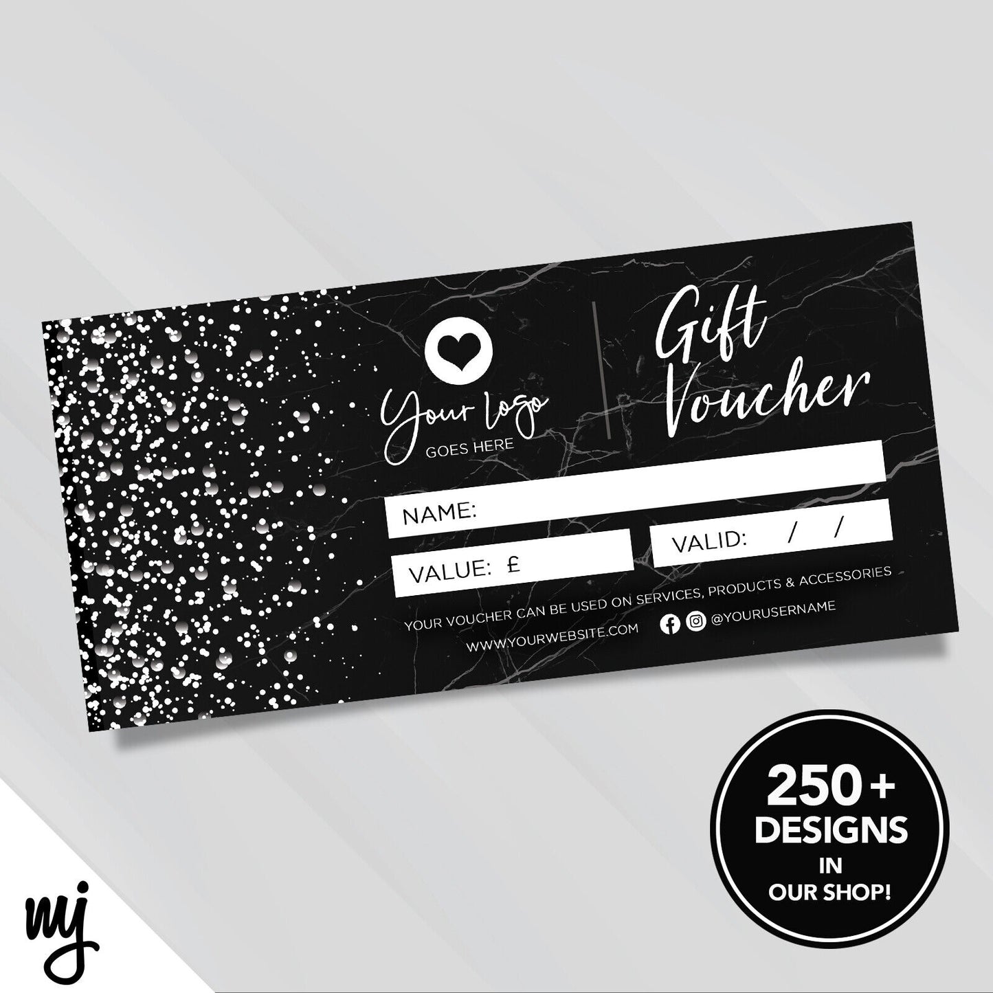 CUSTOM PRINTED BUSINESS GIFT VOUCHERS | BLACK MARBLE WHITE MODERN GENERIC