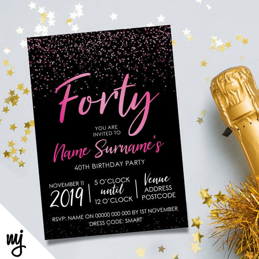 Personalised 40th Birthday Party Invitations | Black Hot Pink Glitter Style